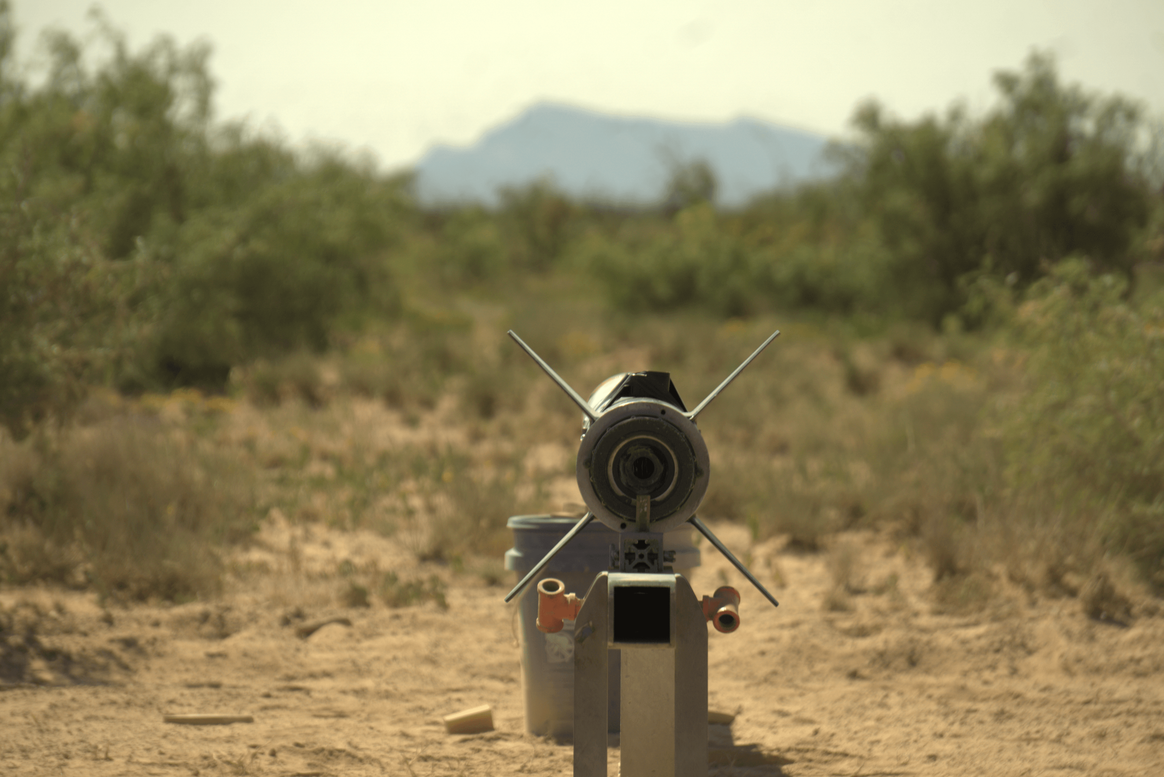 View of the complete rocket from the aft end, up the nozzle