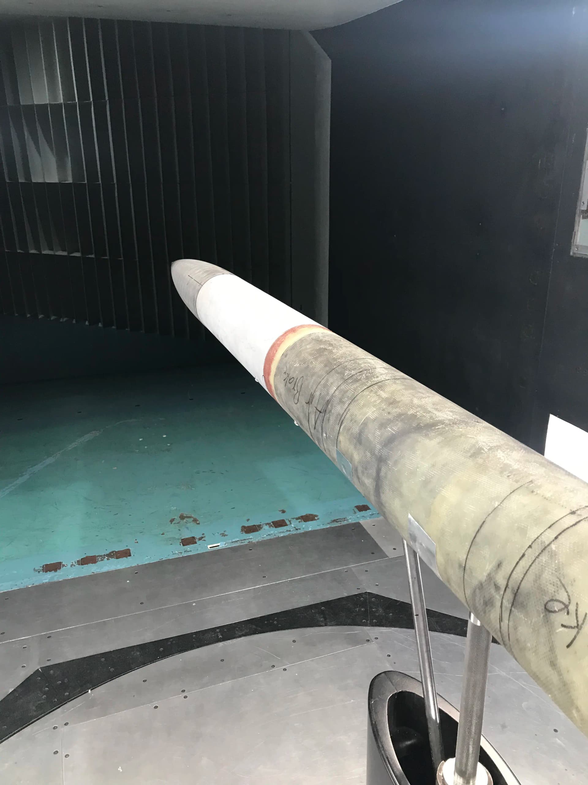 Forward section of the rocket during wind tunnel testing