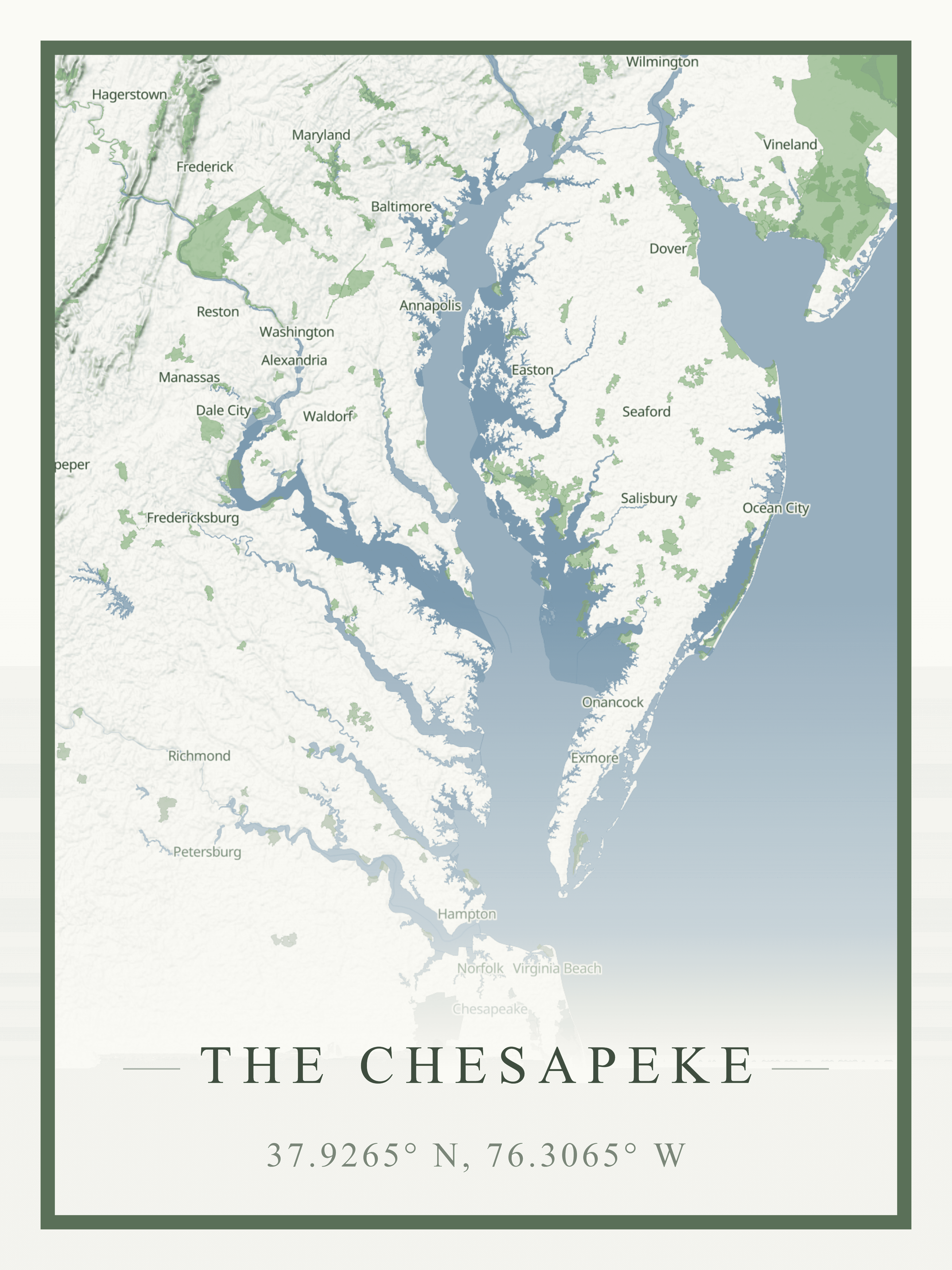Cartographic poster of the Chesapeake Bay area showing intricate coastline details and water depth contours