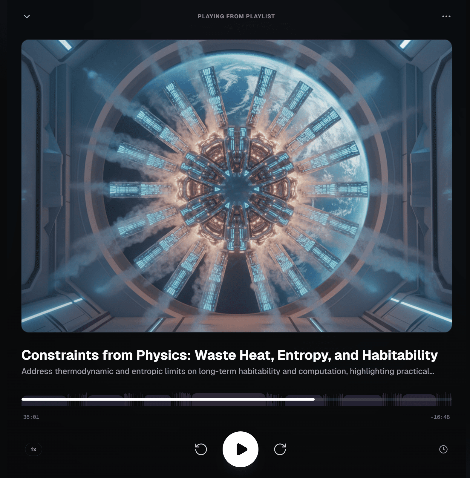 Podcast player interface showing episode playback controls, waveform visualization, episode metadata, and generated cover art